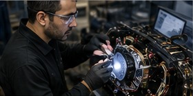 Technician inspecting avionics hardware