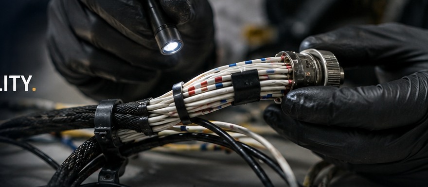 Close-up aerospace wire harness inspection